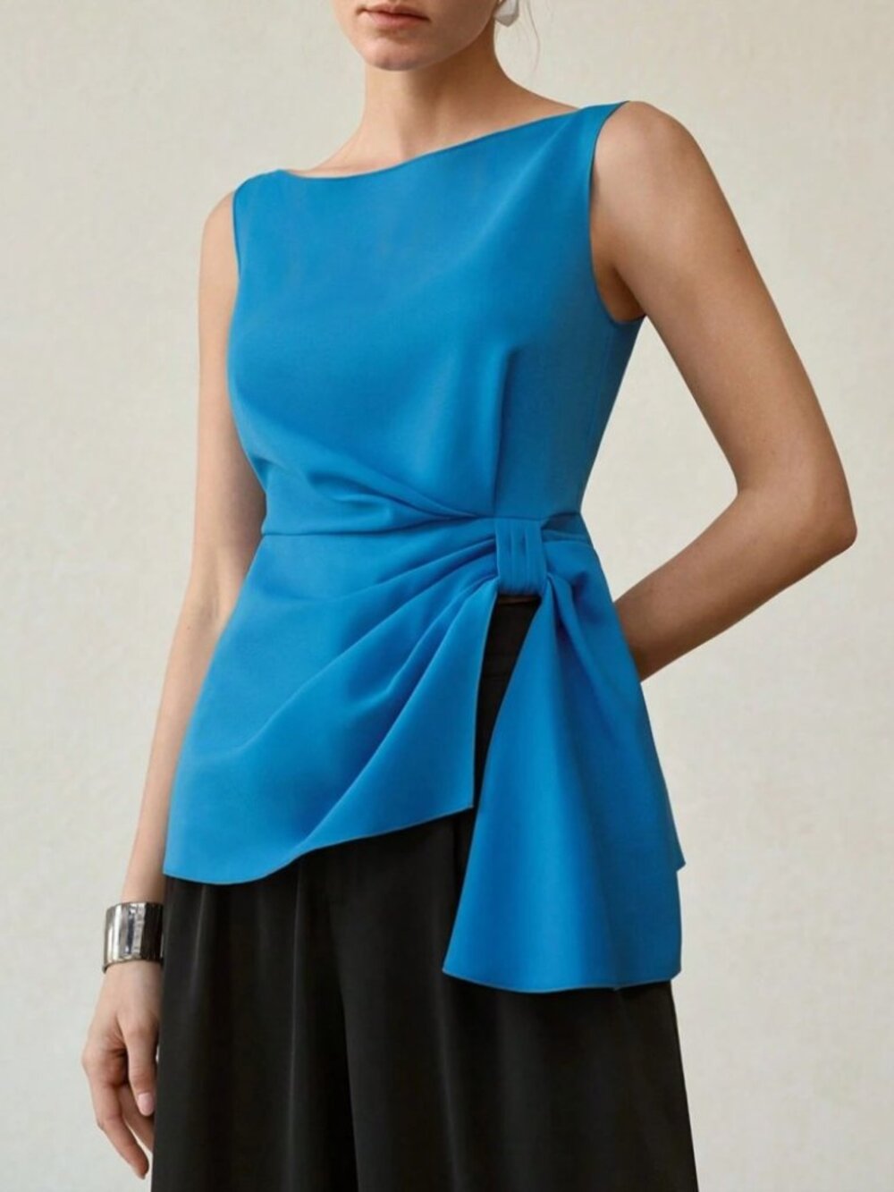Blue Boat Neck Sleeveless Draped Knotted Waist Asymmetric Hem Top